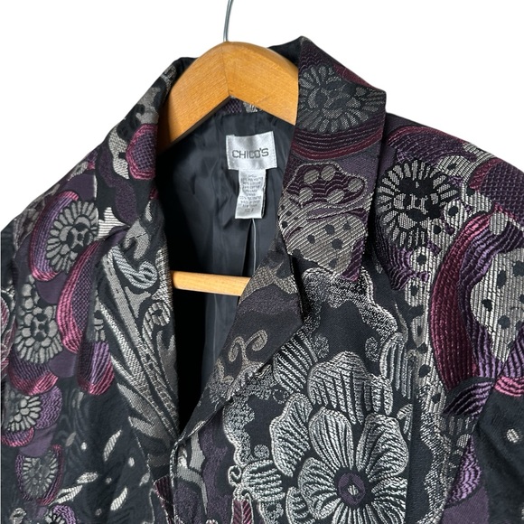 Chico’s 2 Jacquard Twilight Escape Andora Floral Jacket Large Black Purple New - Picture 2 of 11